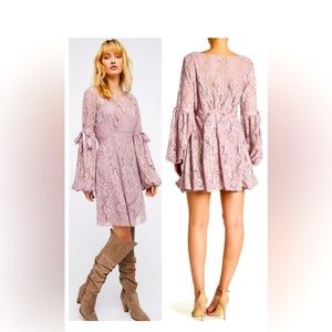 Free People lavender lace ruffled mini-dress w/puff sleeves & matching slip.